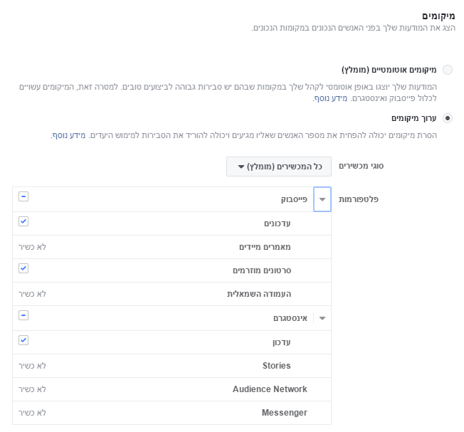 מיקומי פרסום של מודעות פייסבוק